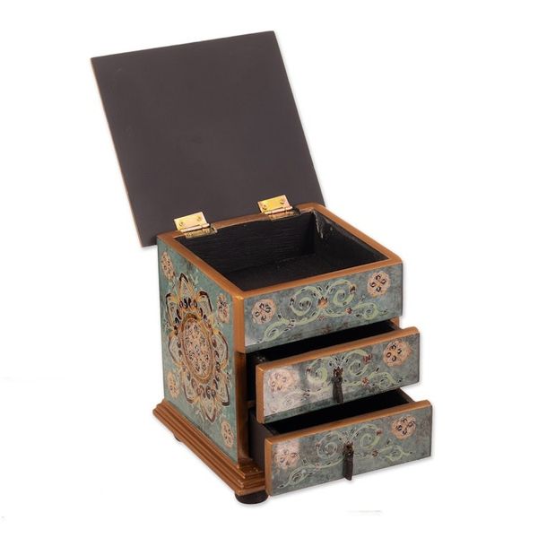 Alternate image for Floral Reverse Painted Glass Jewelry Box in Blue from Peru Aqua Mandala