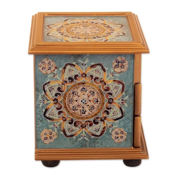 Alternate image for Floral Reverse Painted Glass Jewelry Box in Blue from Peru Aqua Mandala