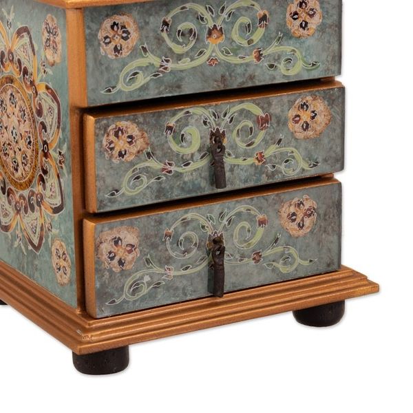 Alternate image for Floral Reverse Painted Glass Jewelry Box in Blue from Peru Aqua Mandala