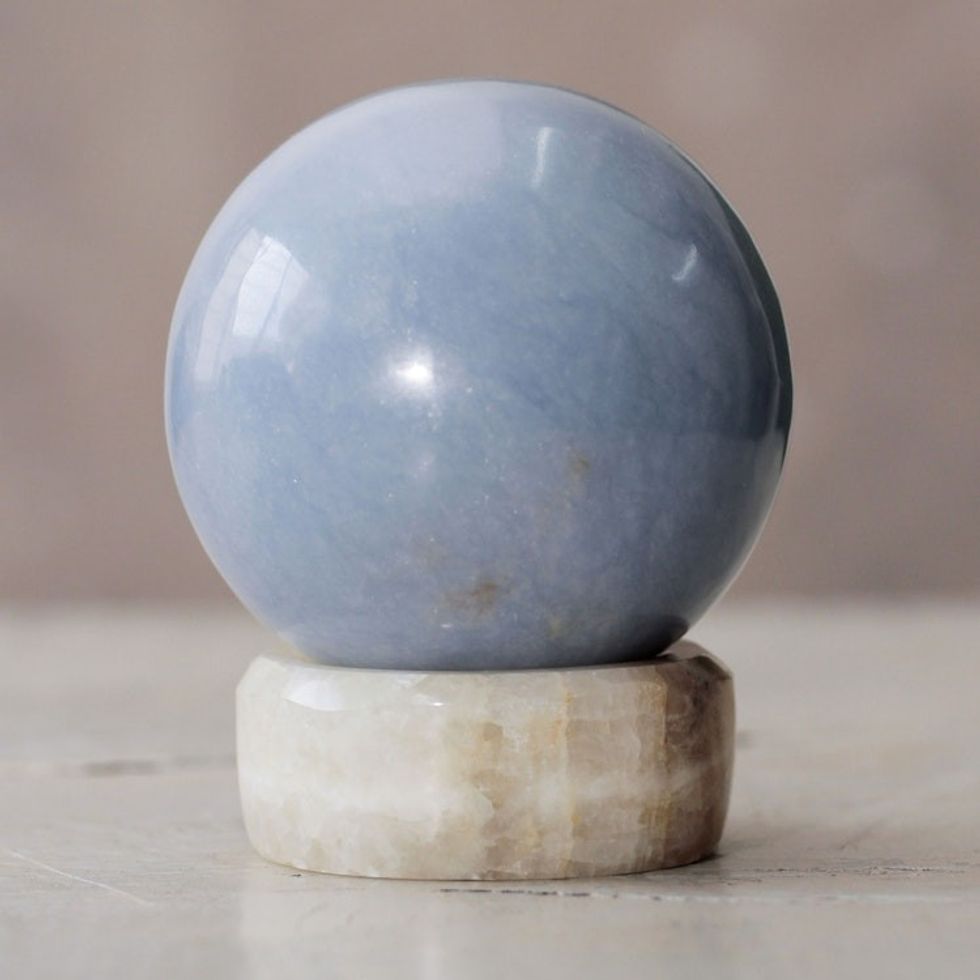 Hand Crafted Andean Angelite Egg Sculpture with Stand 'Heavenly Blue'