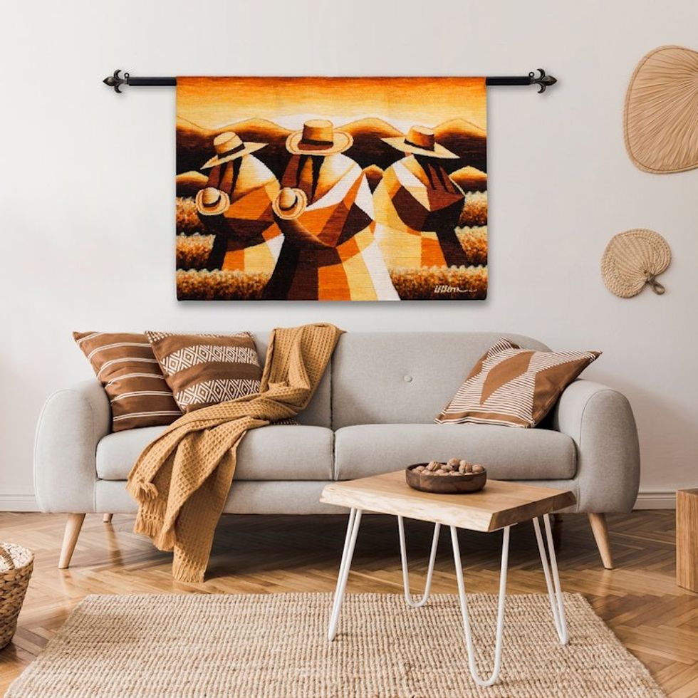 Handwoven Wool Tapestry of Andean Workers from Peru 'Sunset in the Andean Country'