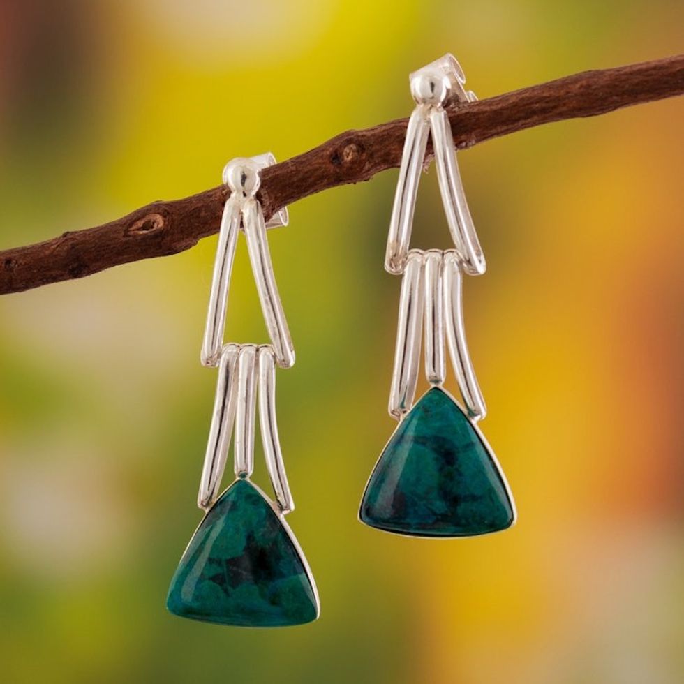 Chrysocolla Sterling Silver Triangle Dangle Earrings Peru 'Distant Mountains'