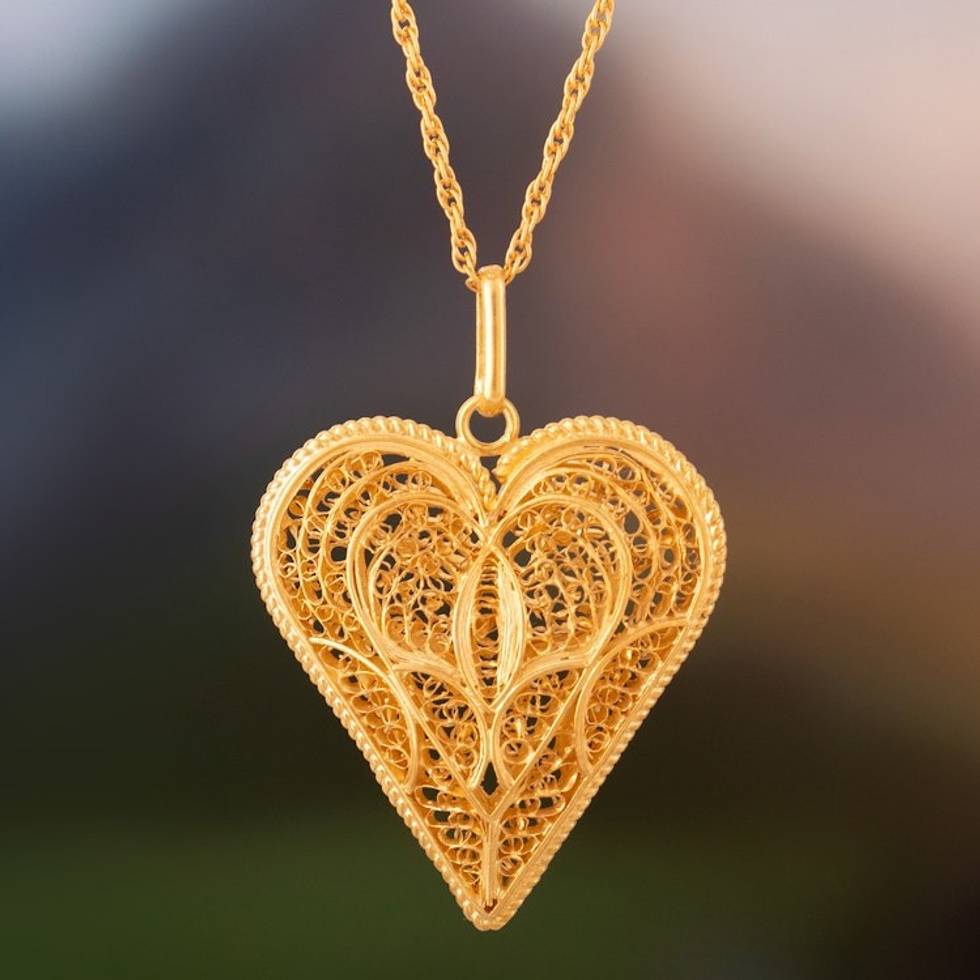 Fair Trade Heart Shaped Gold Plated Filigree Necklace 'Heart of Lace'