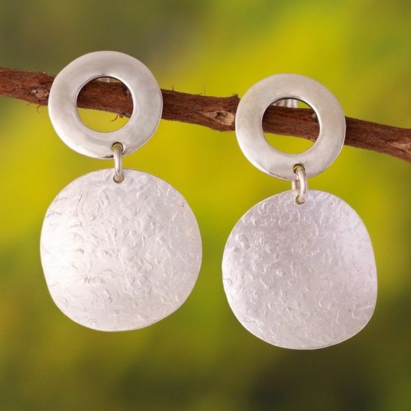 Alternate image for Sterling Silver Textured Disc Dangle Earrings from Peru Halo on the Moon