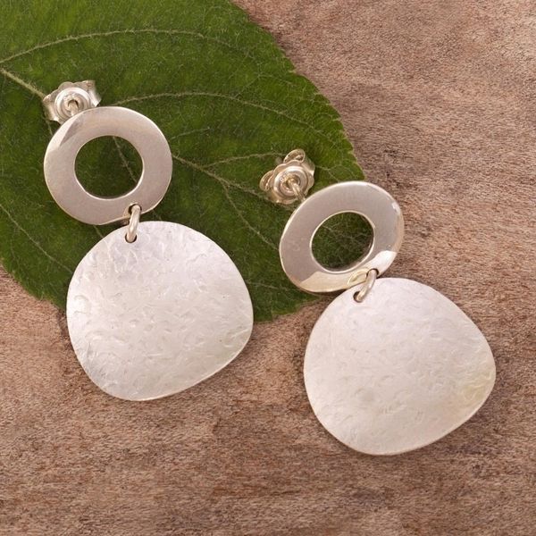 Alternate image for Sterling Silver Textured Disc Dangle Earrings from Peru Halo on the Moon