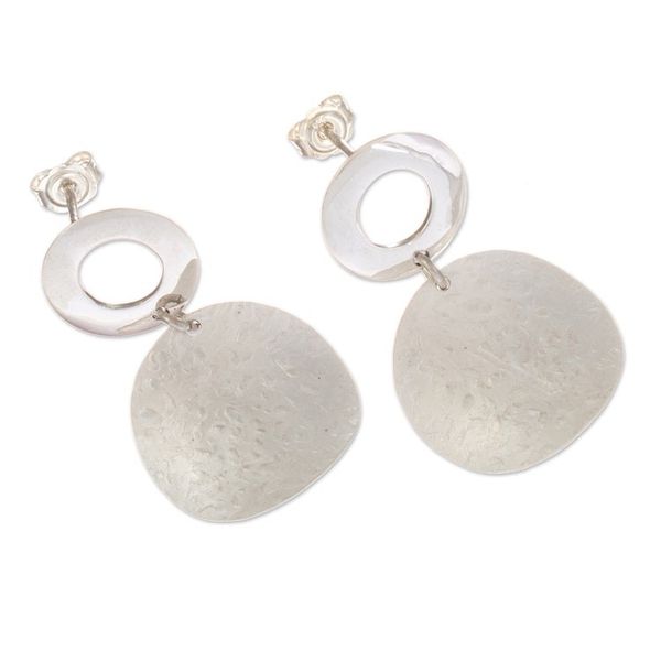 Alternate image for Sterling Silver Textured Disc Dangle Earrings from Peru Halo on the Moon