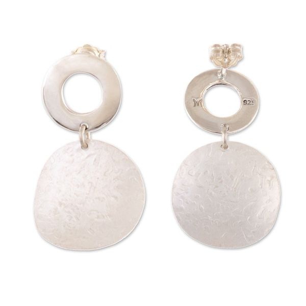 Alternate image for Sterling Silver Textured Disc Dangle Earrings from Peru Halo on the Moon