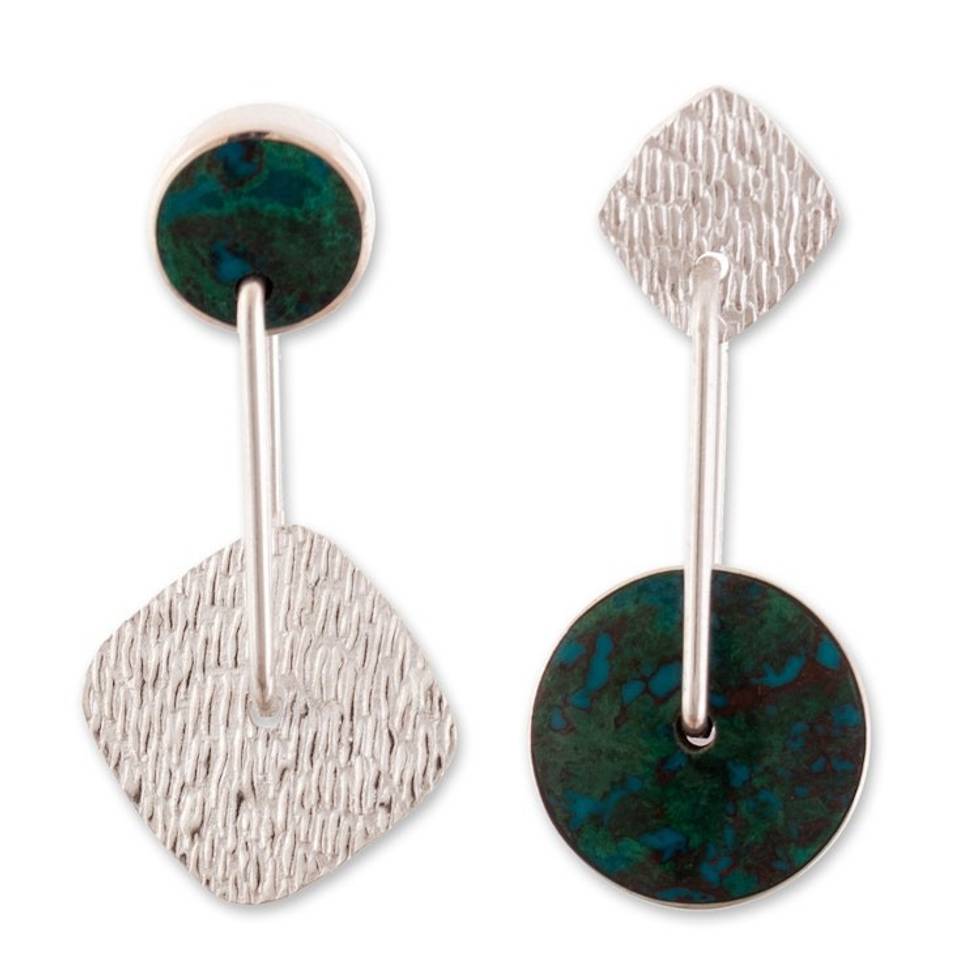 Unique Modern Sterling Silver Drop Chrysocolla Earrings 'Opposites Attract'