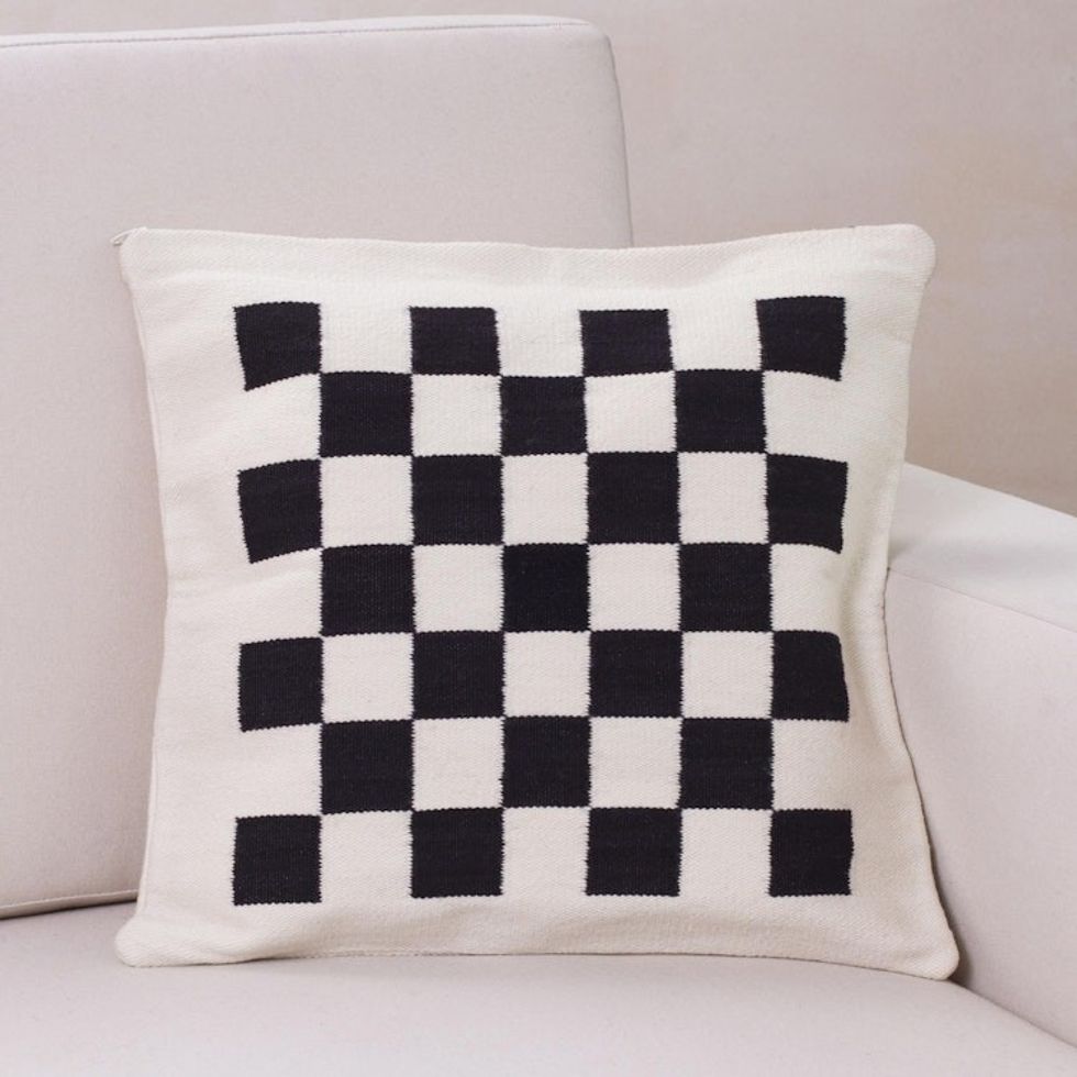 Handwoven Black and Ivory Chessboard Cushion Cover 'Chess'