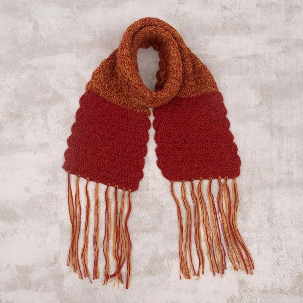 Crocheted Fringed 100 Alpaca Scarf from Peru 'Winter Fire'