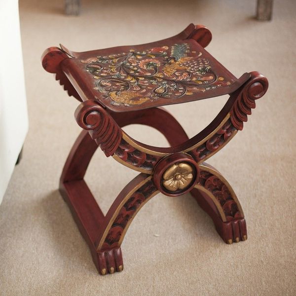 Alternate image for Handcrafted Peruvian Wood Leather Stool Baroque Peru