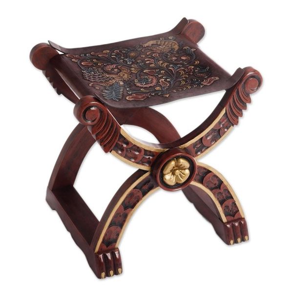Alternate image for Handcrafted Peruvian Wood Leather Stool Baroque Peru