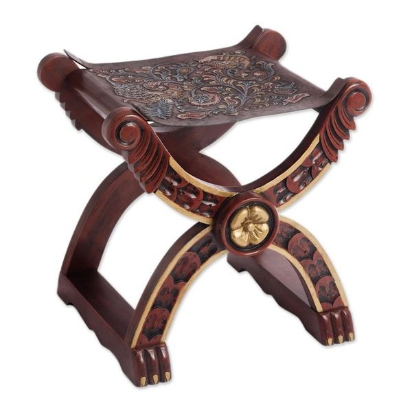 Alternate image for Handcrafted Peruvian Wood Leather Stool Baroque Peru
