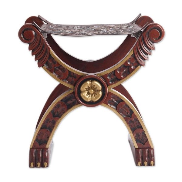 Alternate image for Handcrafted Peruvian Wood Leather Stool Baroque Peru