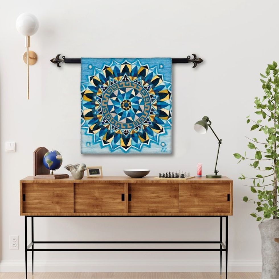 Handwoven Wool Mandala Tapestry in Blue from Peru 'Blue Mandala'