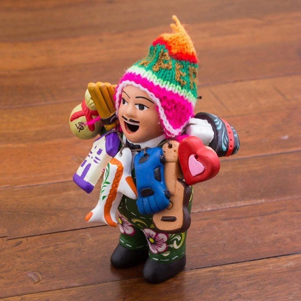 Painted Floral Ekeko Sculpture with Wool Cap from Peru 'Jolly Ekeko'
