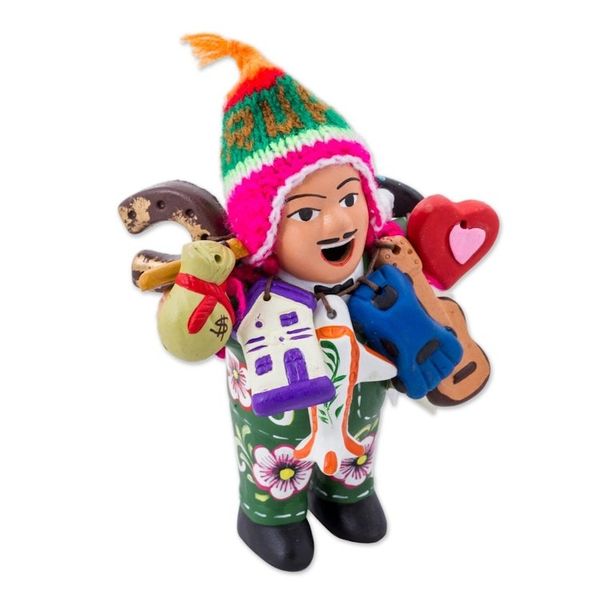 Alternate image for Painted Floral Ekeko Sculpture with Wool Cap from Peru Jolly Ekeko