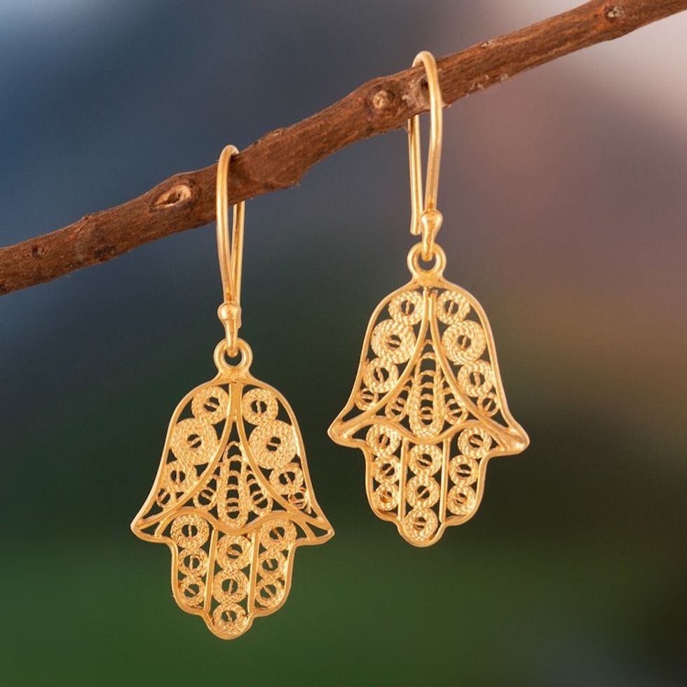 Gold Vermeil Filigree Artisan Crafted Hamsa Symbol Earrings 'Hamsa Symbol'