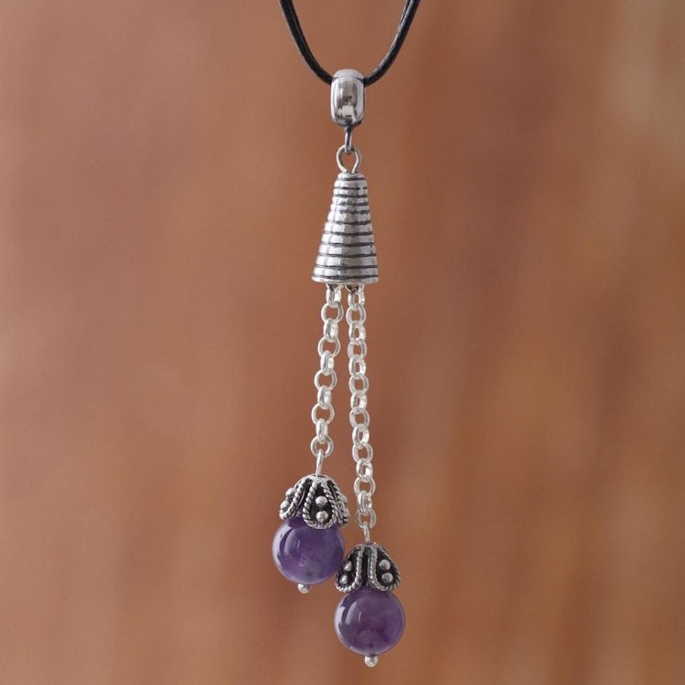 Natural Amethyst Pendant Necklace on Cotton Cord from Peru 'Floral Pendulums'