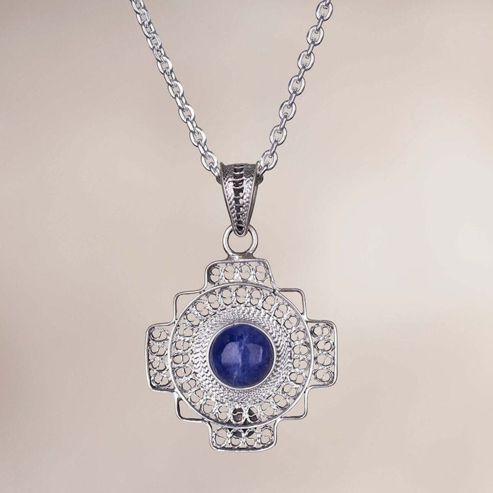 Sodalite Chakana Cross Filigree Pendant Necklace from Peru 'Blue Mountain Chakana'