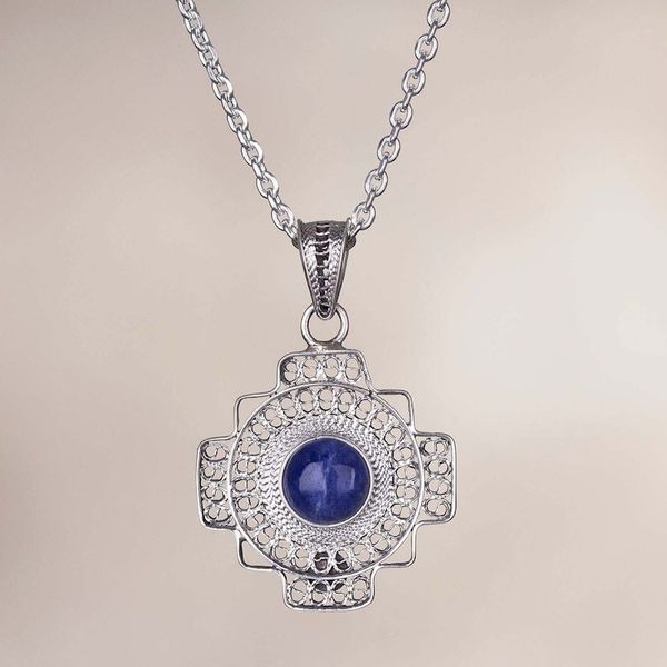 Alternate image for Sodalite Chakana Cross Filigree Pendant Necklace from Peru Blue Mountain Chakana