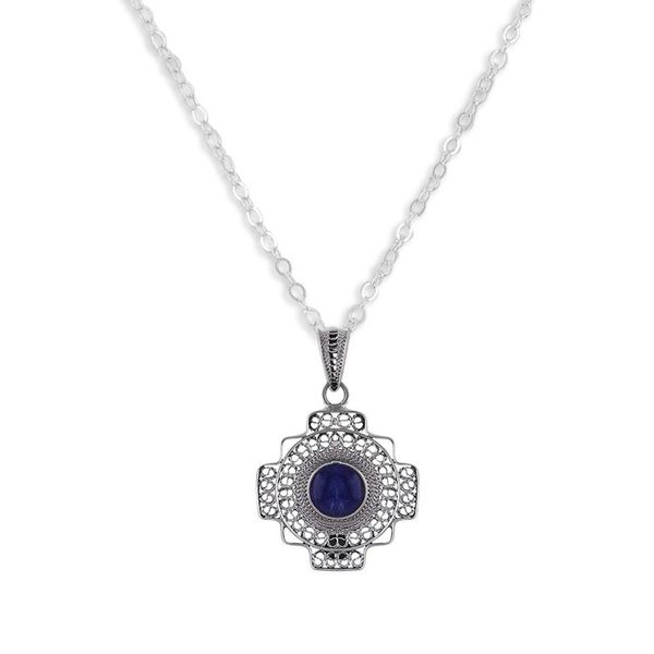 Alternate image for Sodalite Chakana Cross Filigree Pendant Necklace from Peru Blue Mountain Chakana