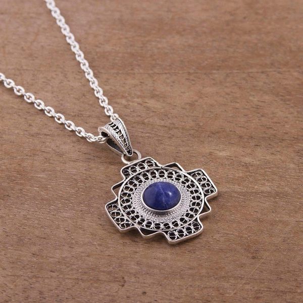 Alternate image for Sodalite Chakana Cross Filigree Pendant Necklace from Peru Blue Mountain Chakana