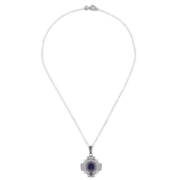 Alternate image for Sodalite Chakana Cross Filigree Pendant Necklace from Peru Blue Mountain Chakana