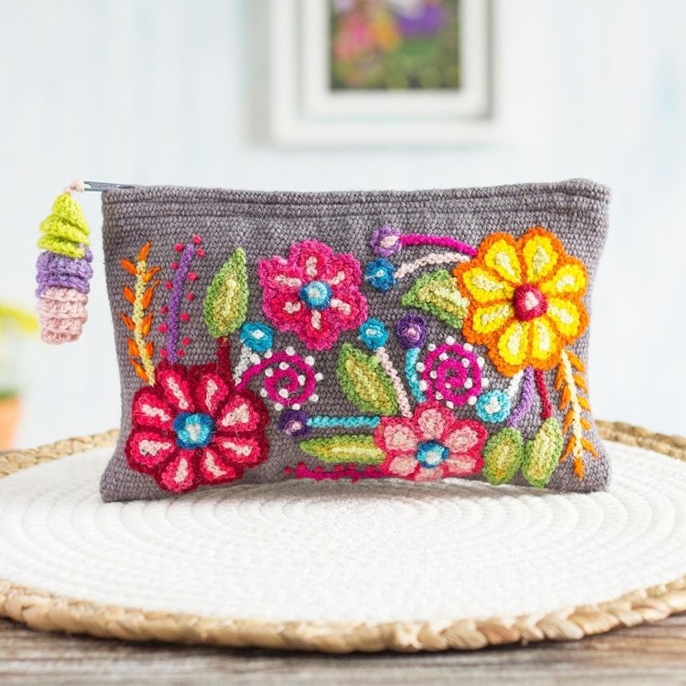 Floral 100 Alpaca Clutch in Smoke from Peru 'Smoke Garden'