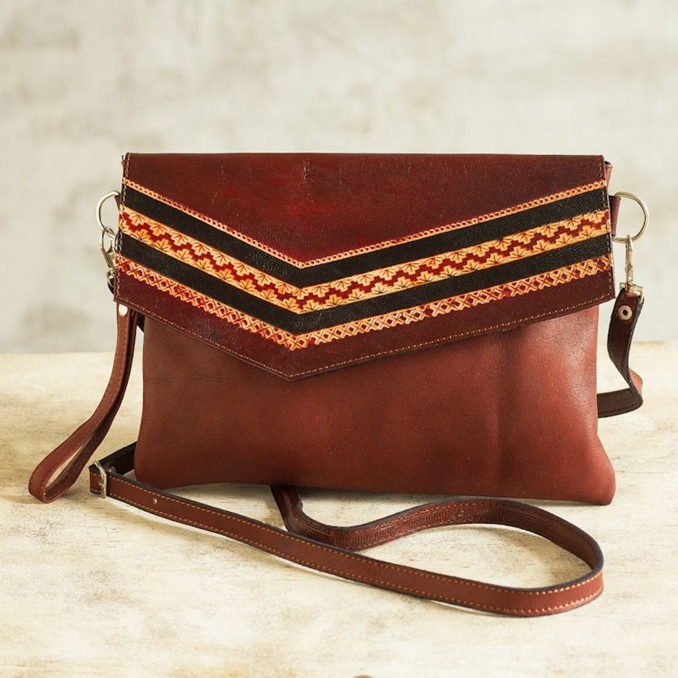 Tooled Leather Convertible Messenger Wristlet Bag from Peru 'Andean Summer'