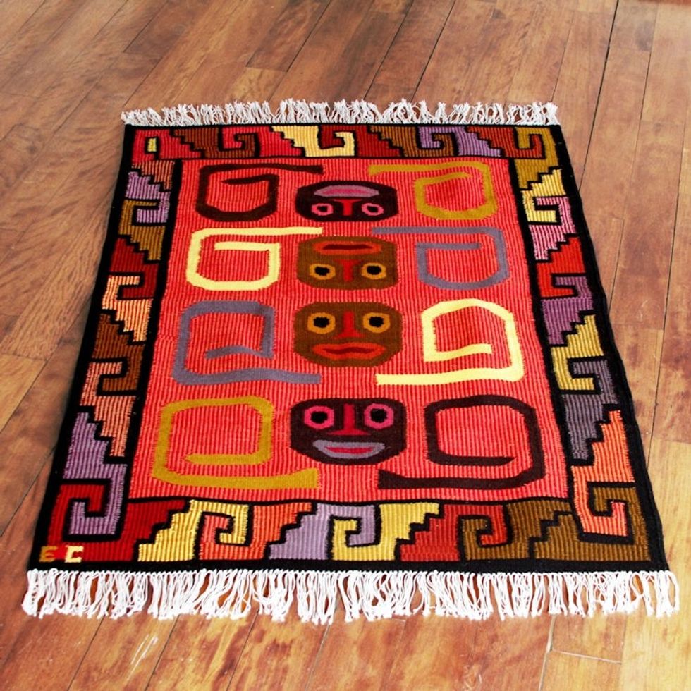 Handcrafted Geometric Wool Area Rug 4x5 'Ceremonial Masks'