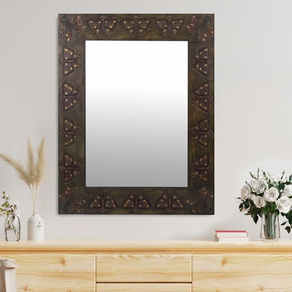 Handcrafted Wood and Leather Mirror with Butterfly Motif 'Machu Picchu Butterfly'