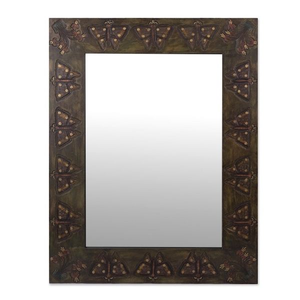 Alternate image for Handcrafted Wood and Leather Mirror with Butterfly Motif Machu Picchu Butterfly