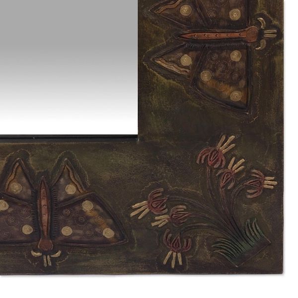 Alternate image for Handcrafted Wood and Leather Mirror with Butterfly Motif Machu Picchu Butterfly