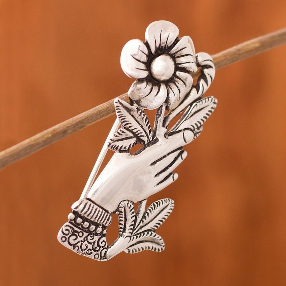 Peruvian Silver Brooch of a Hand Clutching a Flower 'Natural Universe'