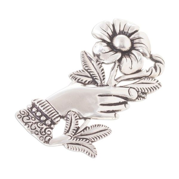 Alternate image for Peruvian Silver Brooch of a Hand Clutching a Flower Natural Universe