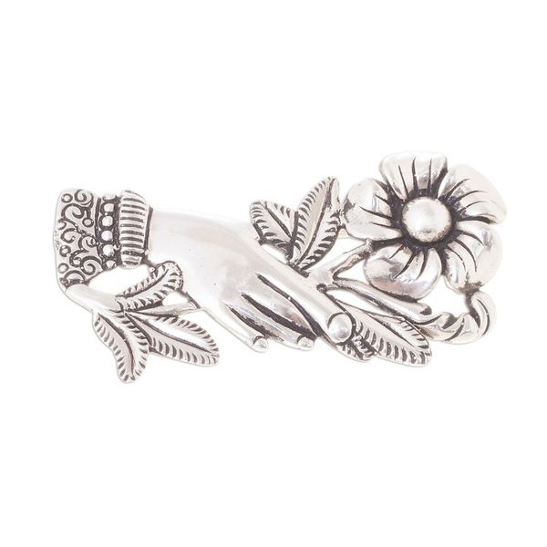 Alternate image for Peruvian Silver Brooch of a Hand Clutching a Flower Natural Universe