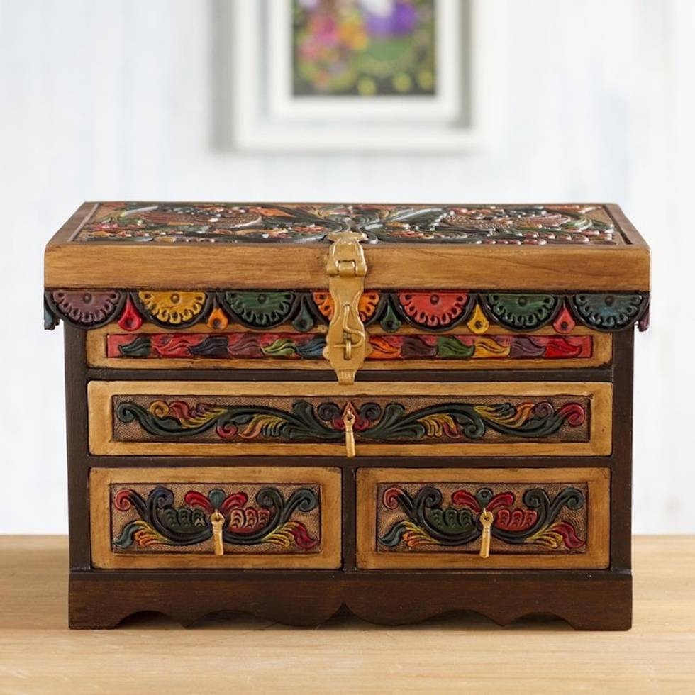 Leather and Cedar Embellished Wood Mirrored-Lid Jewelry Box 'Treasure Garden in Amber'