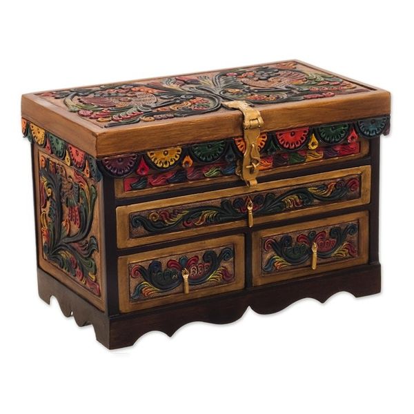 Alternate image for Leather and Cedar Embellished Wood Mirrored-Lid Jewelry Box Treasure Garden in Amber