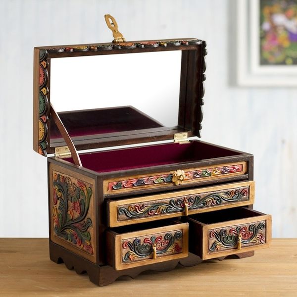 Alternate image for Leather and Cedar Embellished Wood Mirrored-Lid Jewelry Box Treasure Garden in Amber