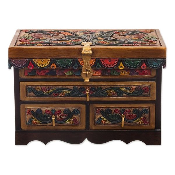 Alternate image for Leather and Cedar Embellished Wood Mirrored-Lid Jewelry Box Treasure Garden in Amber