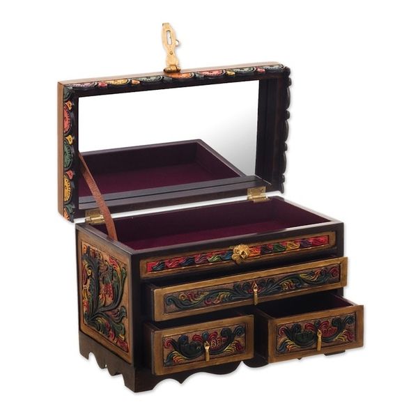 Alternate image for Leather and Cedar Embellished Wood Mirrored-Lid Jewelry Box Treasure Garden in Amber