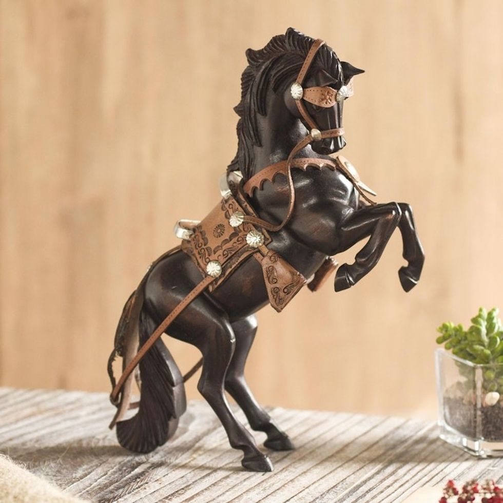Leather Accented Cedar Wood Rearing Horse Sculpture 'Majestic Elegance'