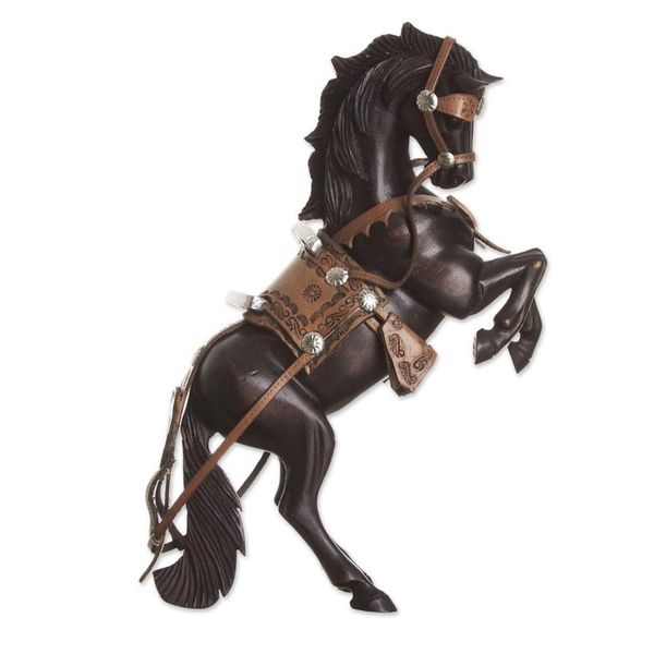 Alternate image for Leather Accented Cedar Wood Rearing Horse Sculpture Majestic Elegance