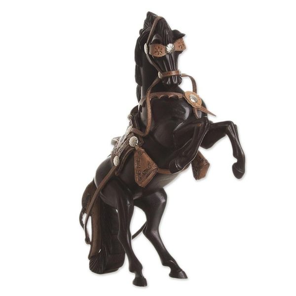 Alternate image for Leather Accented Cedar Wood Rearing Horse Sculpture Majestic Elegance