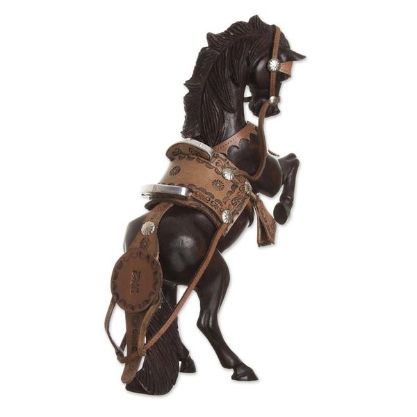 Alternate image for Leather Accented Cedar Wood Rearing Horse Sculpture Majestic Elegance