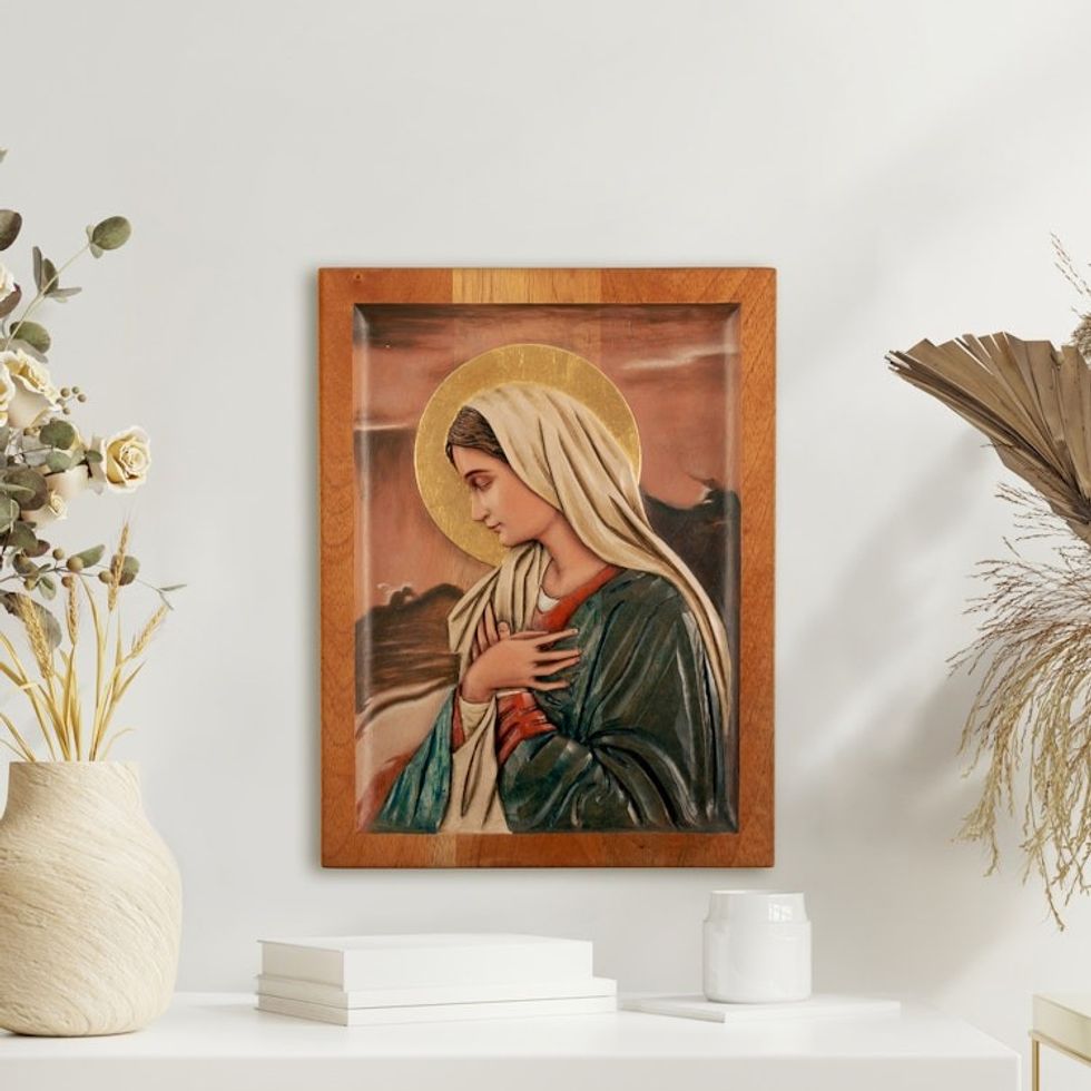 Christianity Wood Panel of the Virgin Mary with Bronze Leaf 'Sweet Virgin Mary'