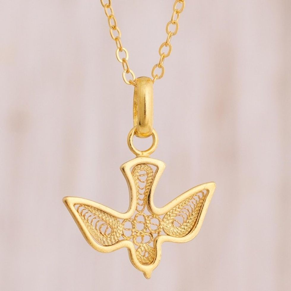 Gold Plated Sterling Silver Filigree Dove Pendant Necklace 'Gold Divine Dove'