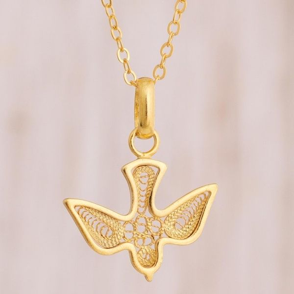 Alternate image for Gold Plated Sterling Silver Filigree Dove Pendant Necklace Gold Divine Dove