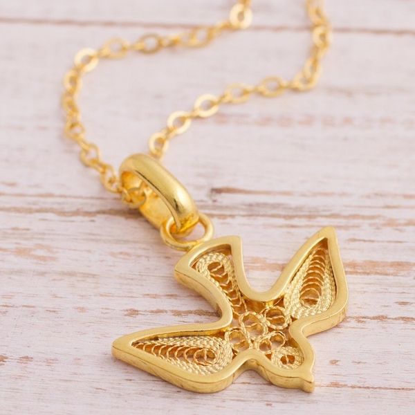 Alternate image for Gold Plated Sterling Silver Filigree Dove Pendant Necklace Gold Divine Dove